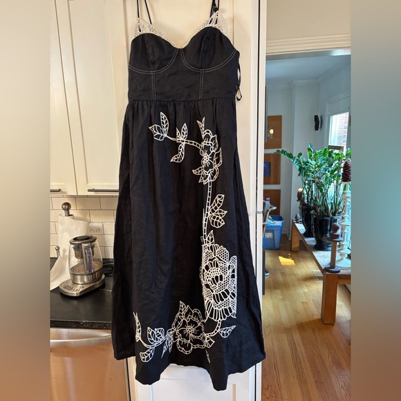 new Farm Rio black richelieu lace euroflax premium linen dress - Picture 1 of 5